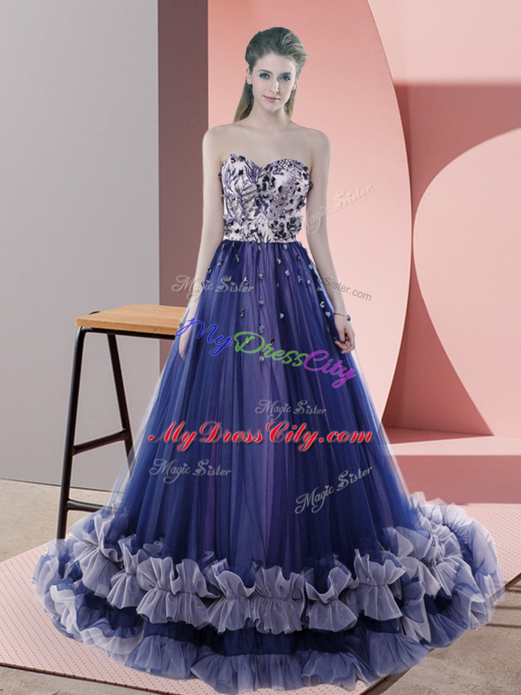 Deluxe Sweep Train A-line Prom Party Dress Blue Sweetheart Tulle Sleeveless Lace Up