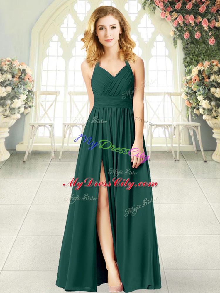 Peacock Green Halter Top Zipper Ruching Dress for Prom Sleeveless