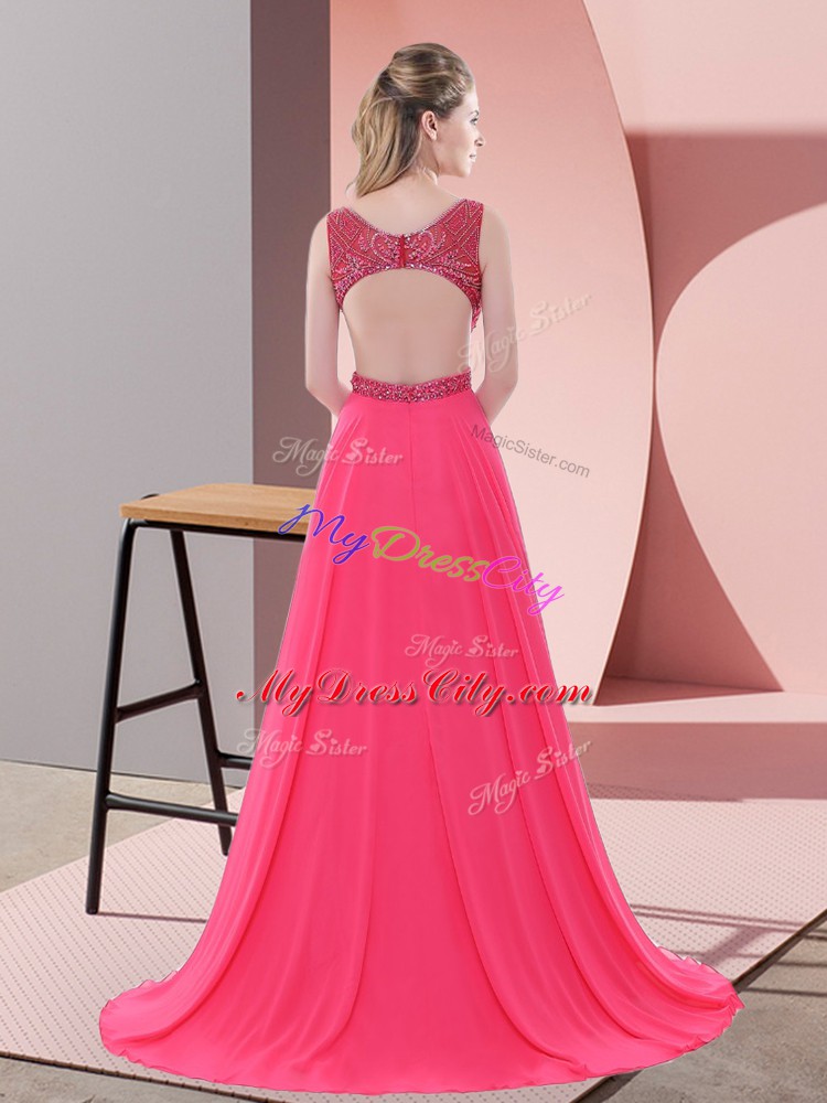 Scoop Sleeveless Sweep Train Backless Homecoming Dress Coral Red Chiffon