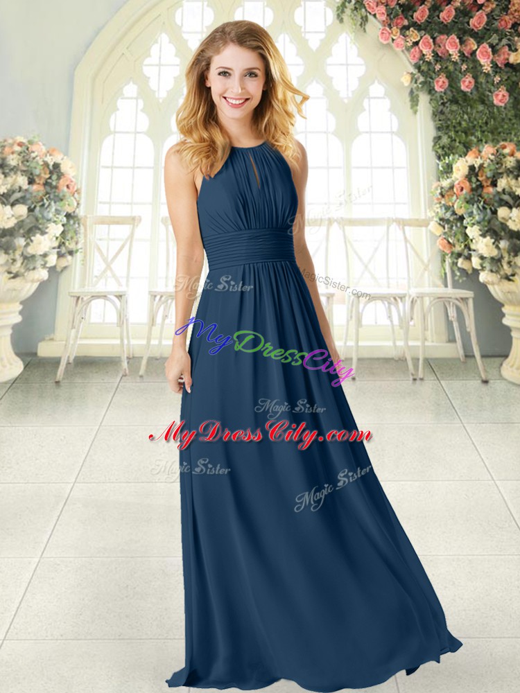 Inexpensive Navy Blue Chiffon Zipper Prom Dress Sleeveless Floor Length Ruching