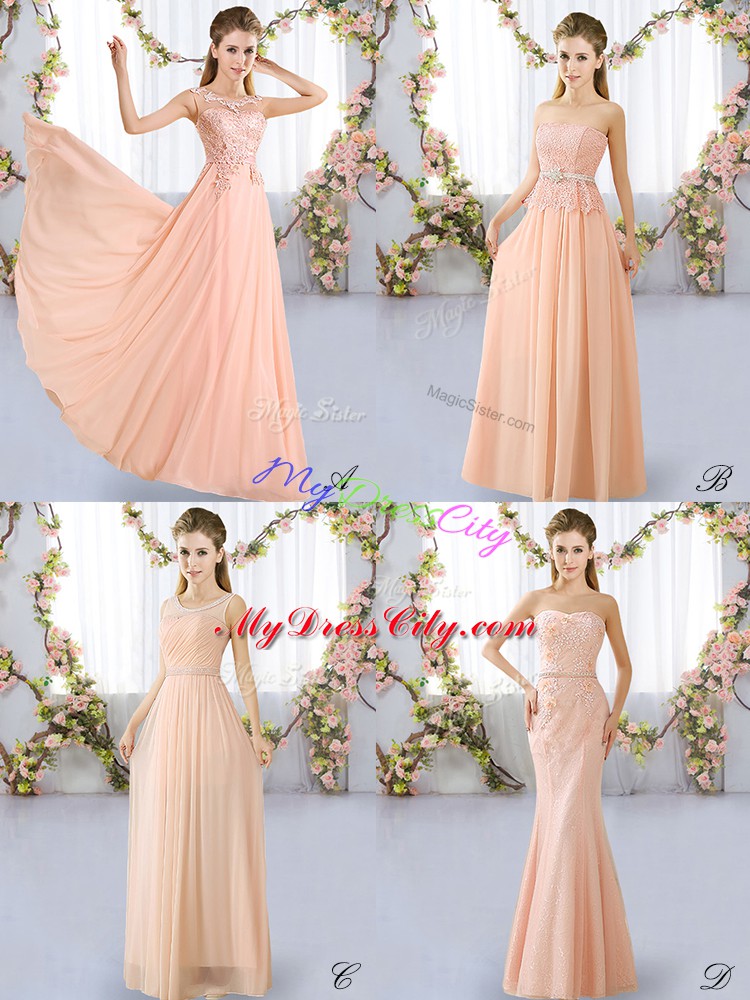 Flirting Peach Sleeveless Lace Floor Length Damas Dress