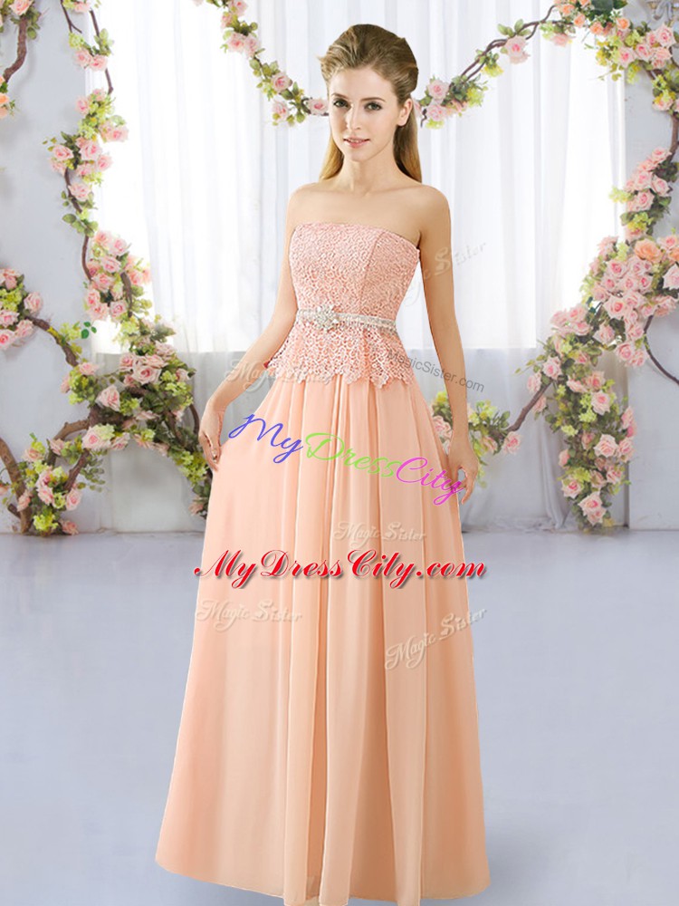 Flirting Peach Sleeveless Lace Floor Length Damas Dress