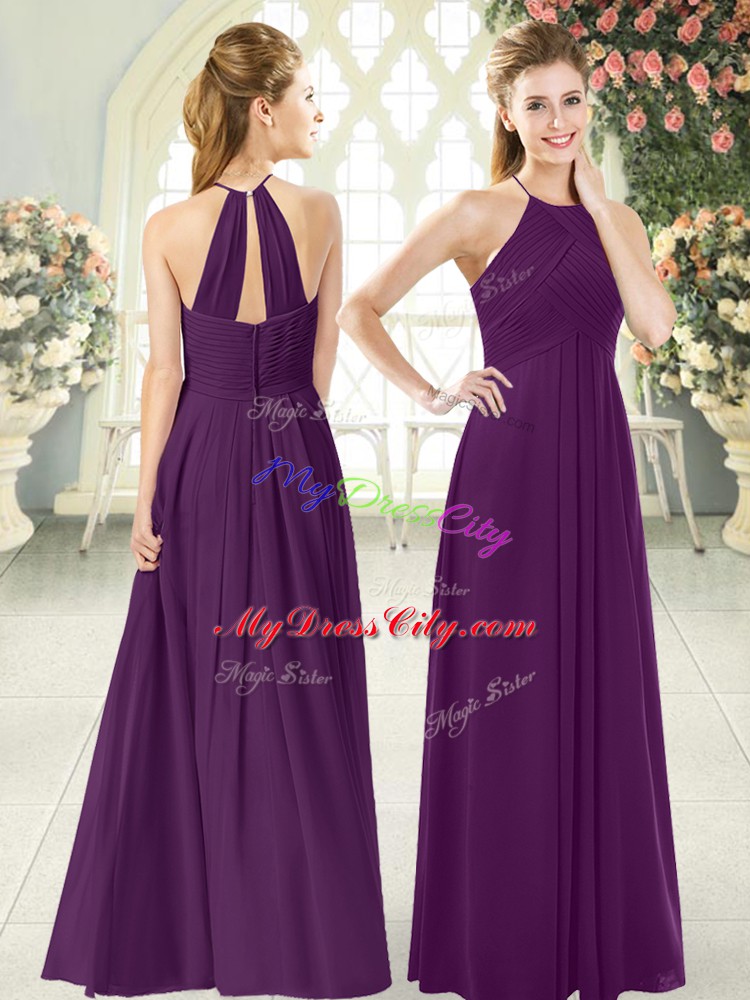 Popular Halter Top Sleeveless Floor Length Ruching Purple Chiffon