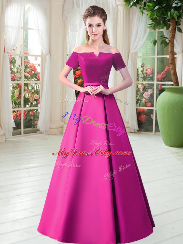 Colorful Fuchsia A-line Belt Prom Party Dress Lace Up Satin Short Sleeves Floor Length