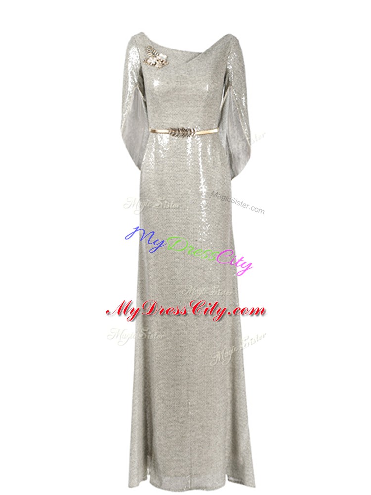 Dazzling Grey Zipper Scoop Belt Prom Dress Half Sleeves