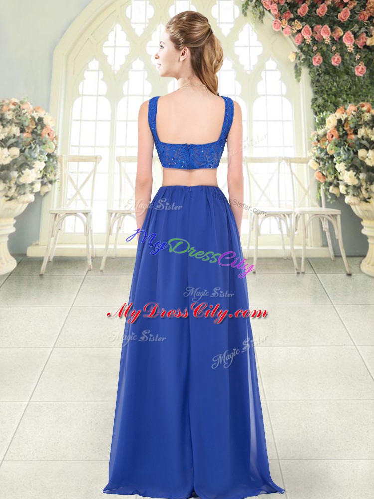 Teal Zipper Straps Beading and Lace Prom Evening Gown Chiffon Sleeveless