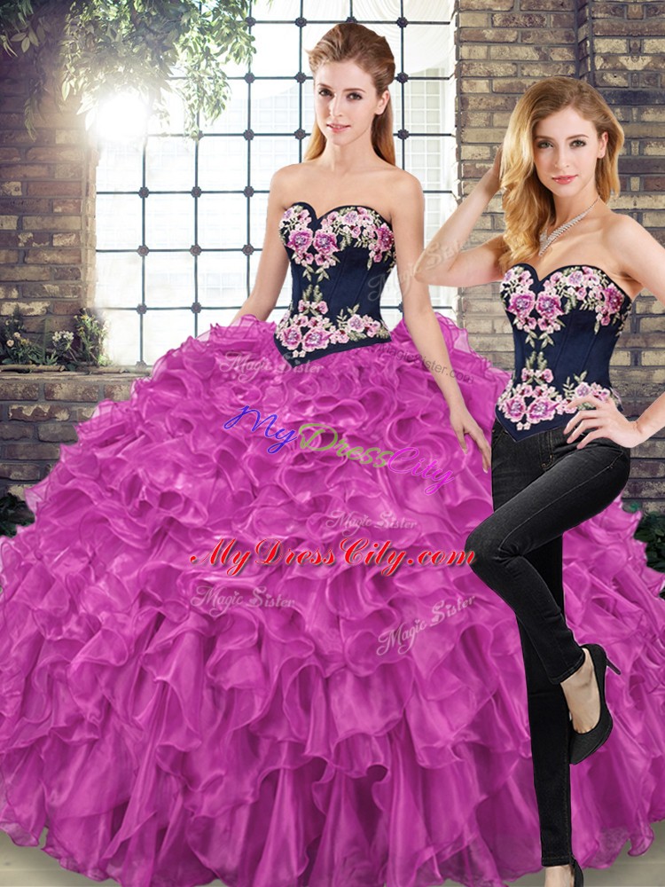 Deluxe Fuchsia Sweetheart Neckline Embroidery and Ruffles Sweet 16 Dress Sleeveless Lace Up