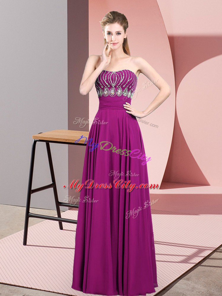 Fuchsia Zipper Prom Gown Beading and Ruching Sleeveless Floor Length