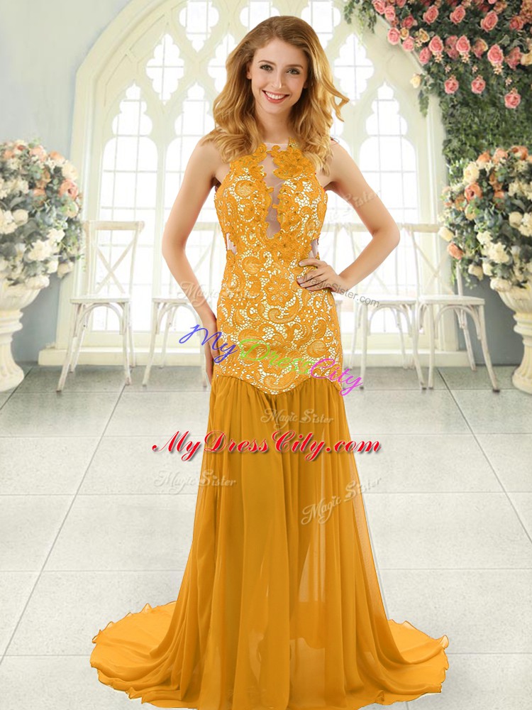 Chiffon Sleeveless Prom Dresses Brush Train and Lace