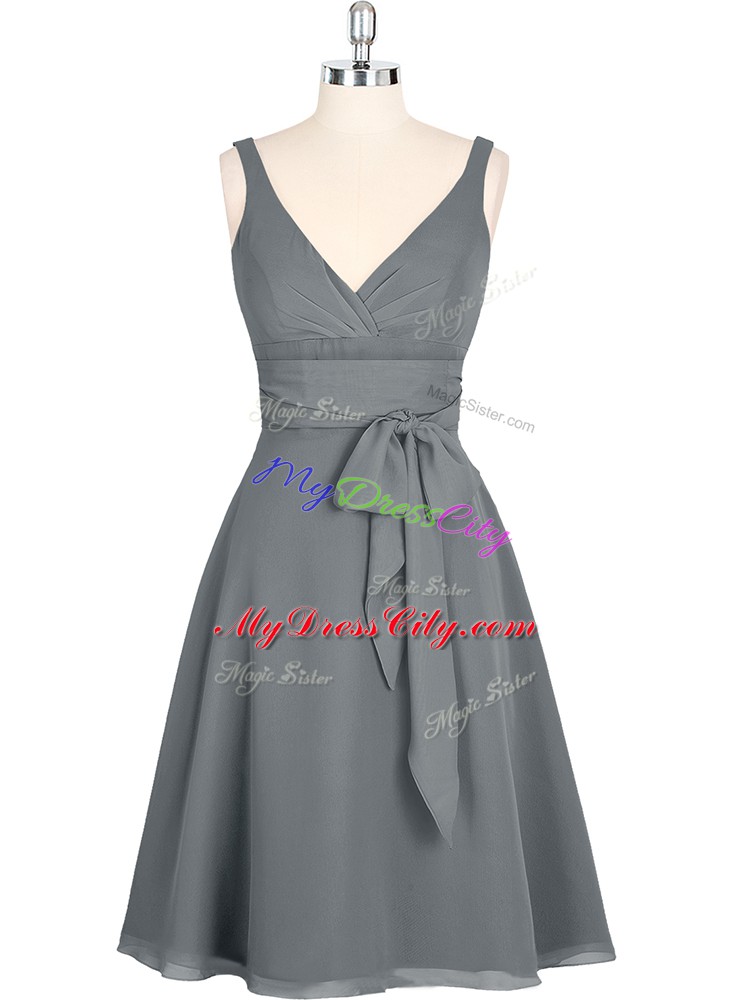 Fashionable Grey Sleeveless Mini Length Ruching Zipper Prom Dresses