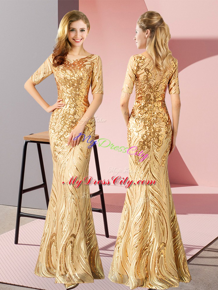 Gold Half Sleeves Zipper Prom Gown for Prom and Party