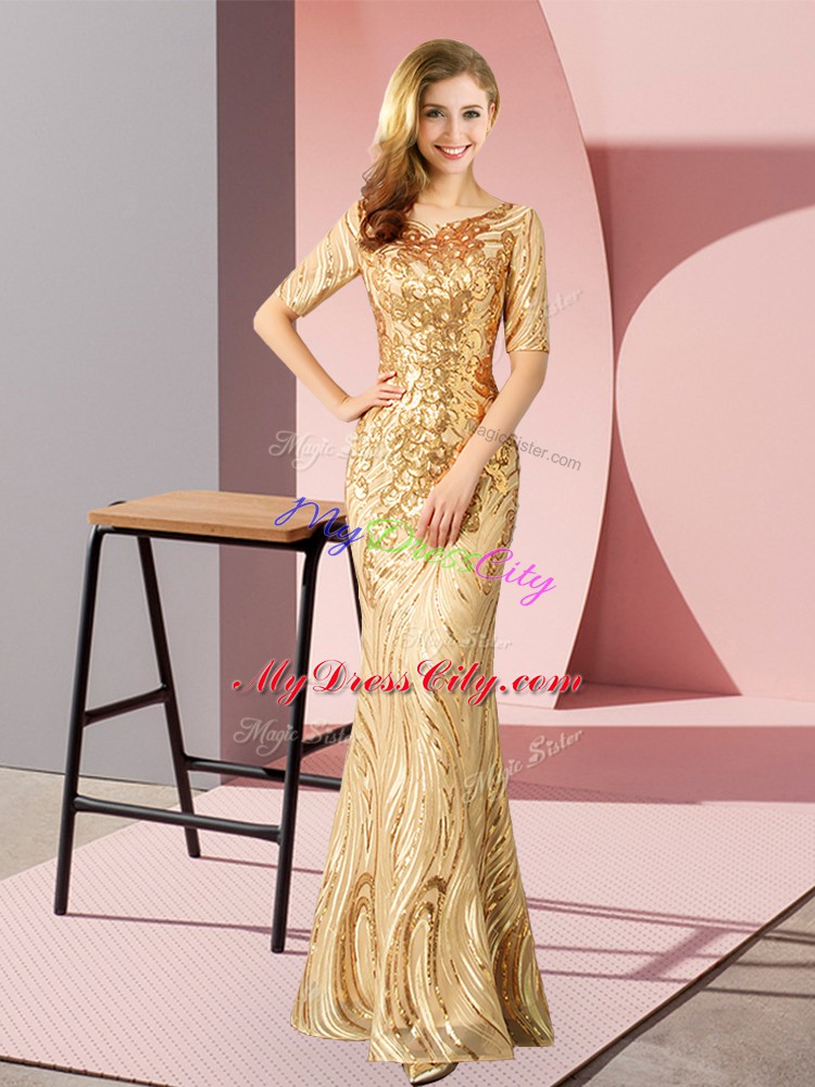 Gold Half Sleeves Zipper Prom Gown for Prom and Party