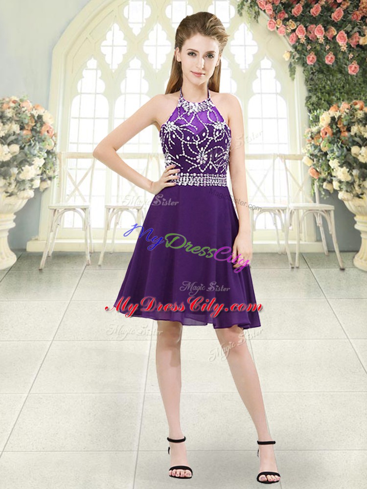 Fantastic Eggplant Purple A-line Beading Zipper Chiffon Sleeveless Knee Length