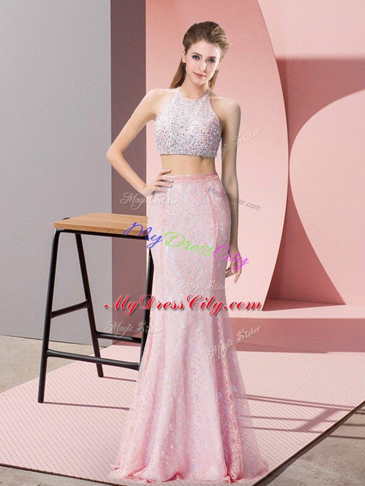 Fabulous Pink Two Pieces Halter Top Sleeveless Lace Floor Length Backless Beading Prom Dress