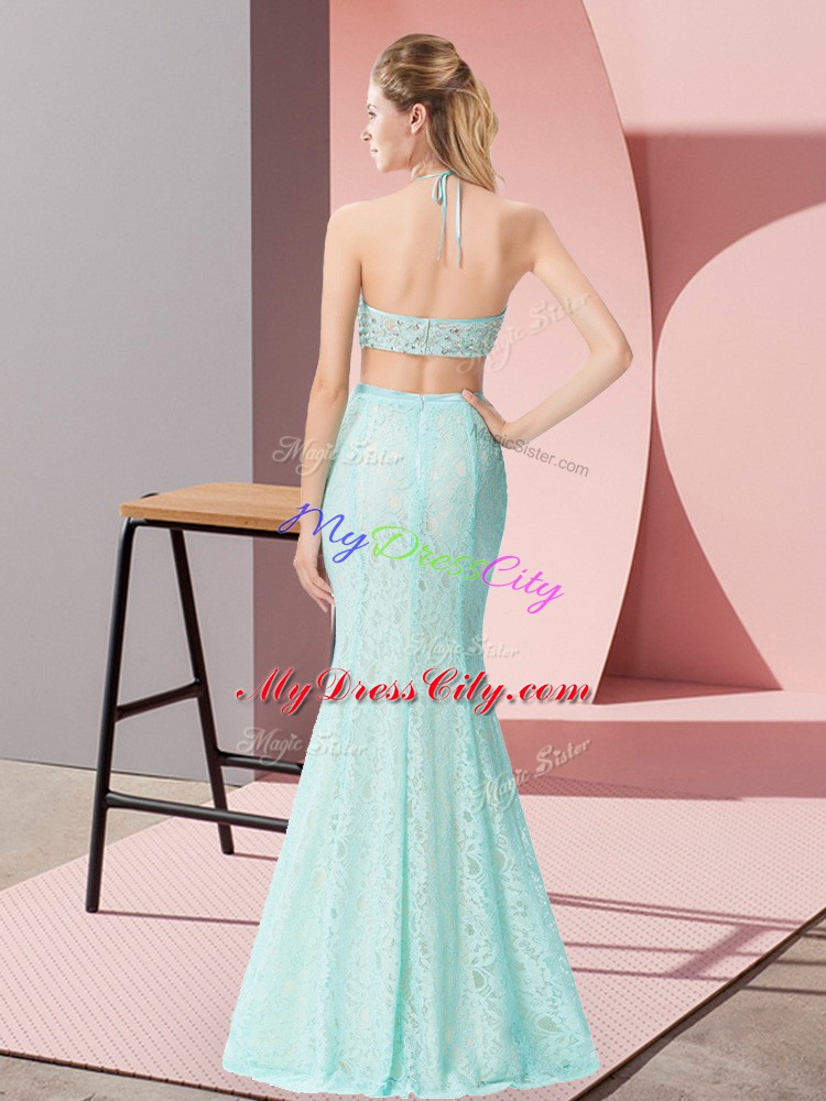 Fabulous Pink Two Pieces Halter Top Sleeveless Lace Floor Length Backless Beading Prom Dress