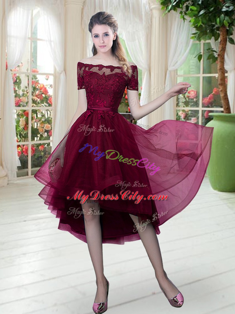 Fancy Burgundy Off The Shoulder Lace Up Lace Homecoming Dress Short Sleeves