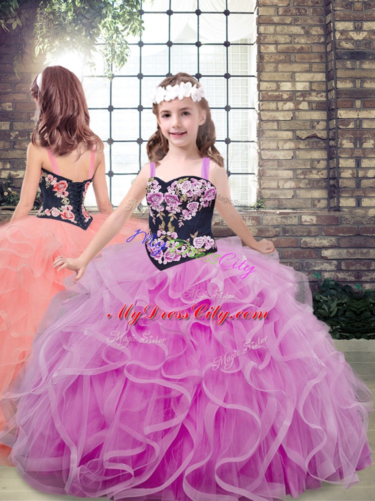 Eye-catching Lilac Sleeveless Floor Length Embroidery and Ruffles Lace Up Pageant Dress