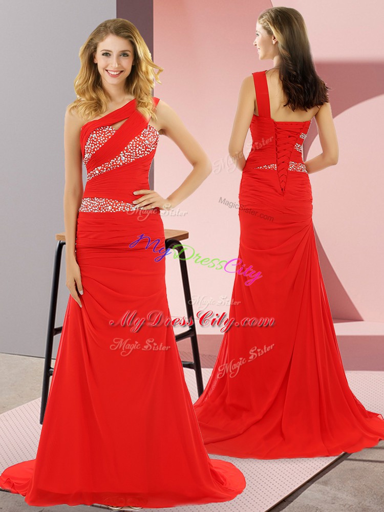 Inexpensive One Shoulder Sleeveless Homecoming Dress Sweep Train Beading Red Chiffon