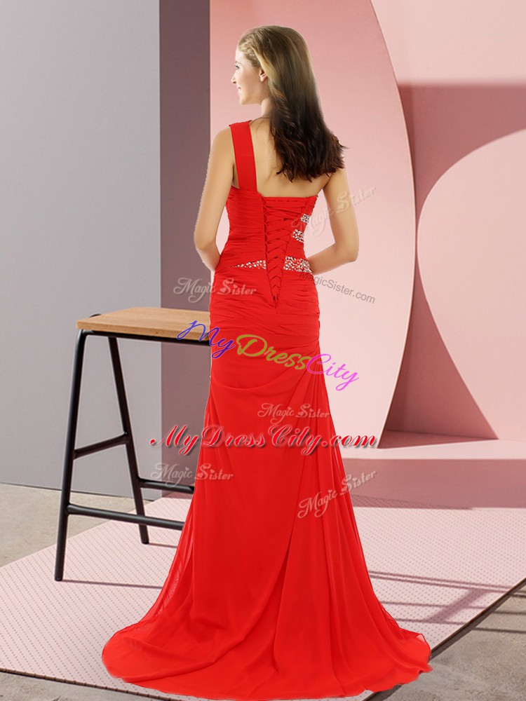 Inexpensive One Shoulder Sleeveless Homecoming Dress Sweep Train Beading Red Chiffon