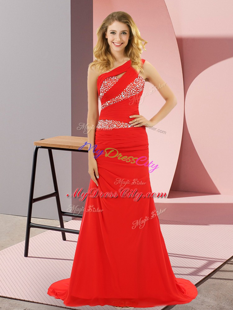 Inexpensive One Shoulder Sleeveless Homecoming Dress Sweep Train Beading Red Chiffon