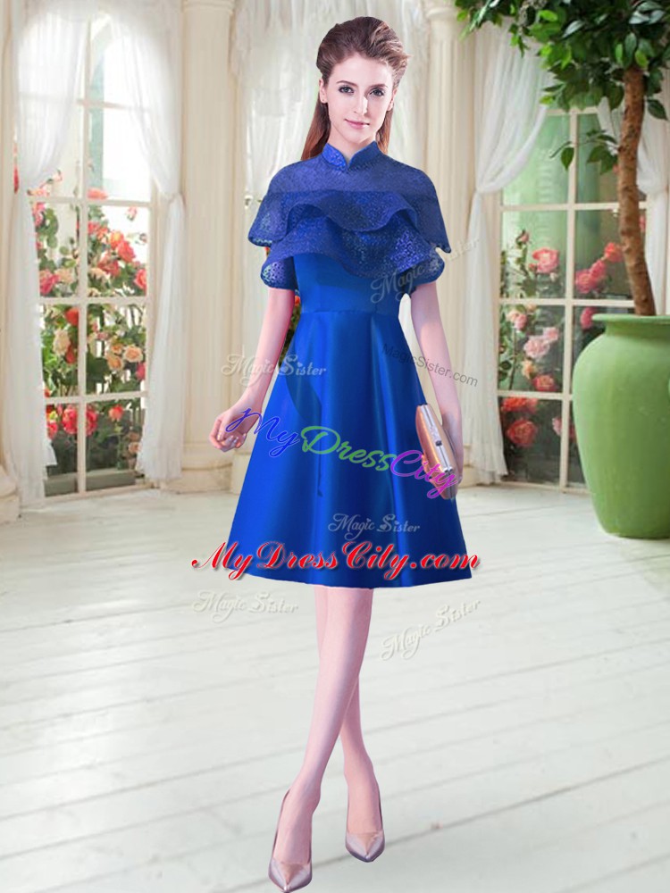 Comfortable A-line Prom Dress Royal Blue High-neck Satin Cap Sleeves Knee Length Lace Up