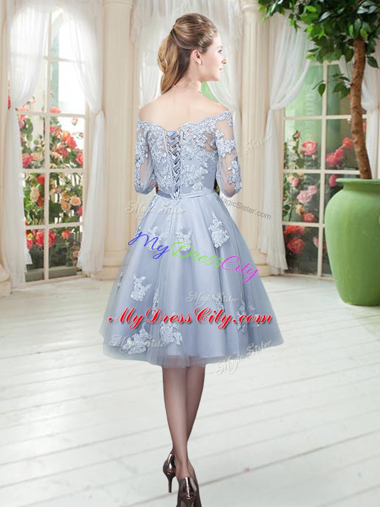 Elegant 3 4 Length Sleeve Lace Up Knee Length Appliques Prom Dresses