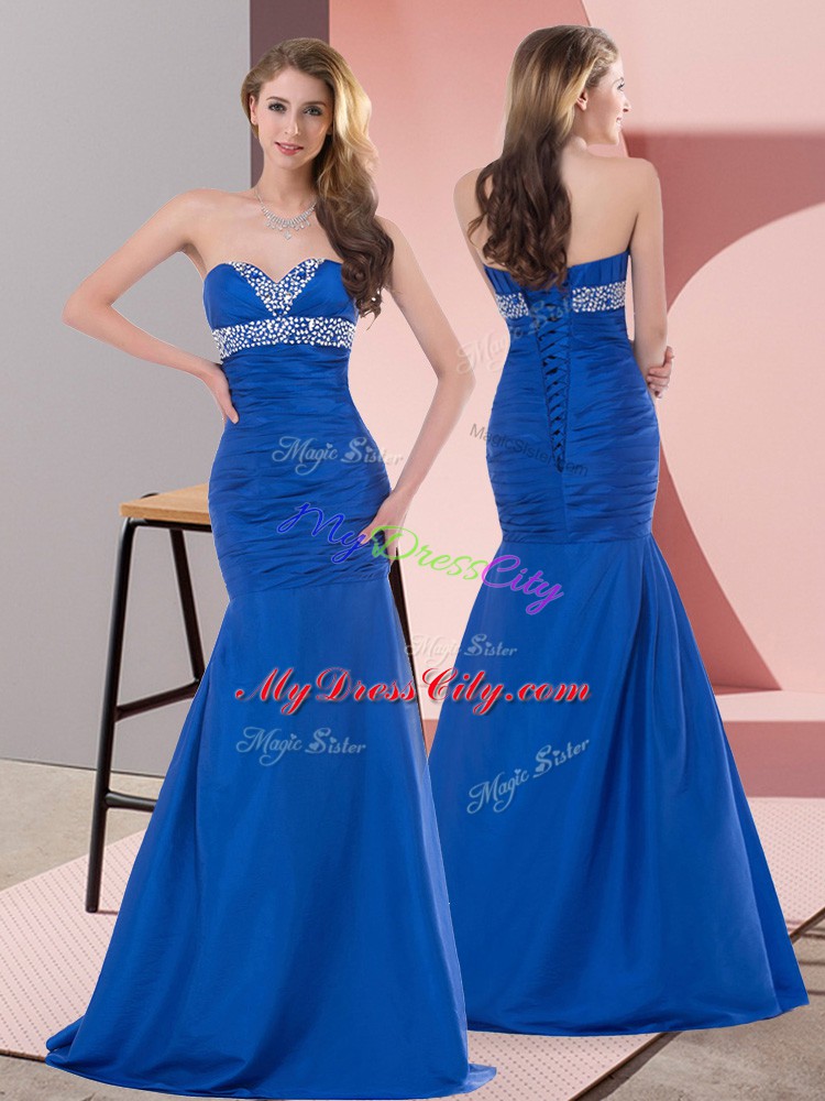 Hot Sale Blue Mermaid Sweetheart Sleeveless Satin Floor Length Lace Up Beading and Ruching Prom Gown