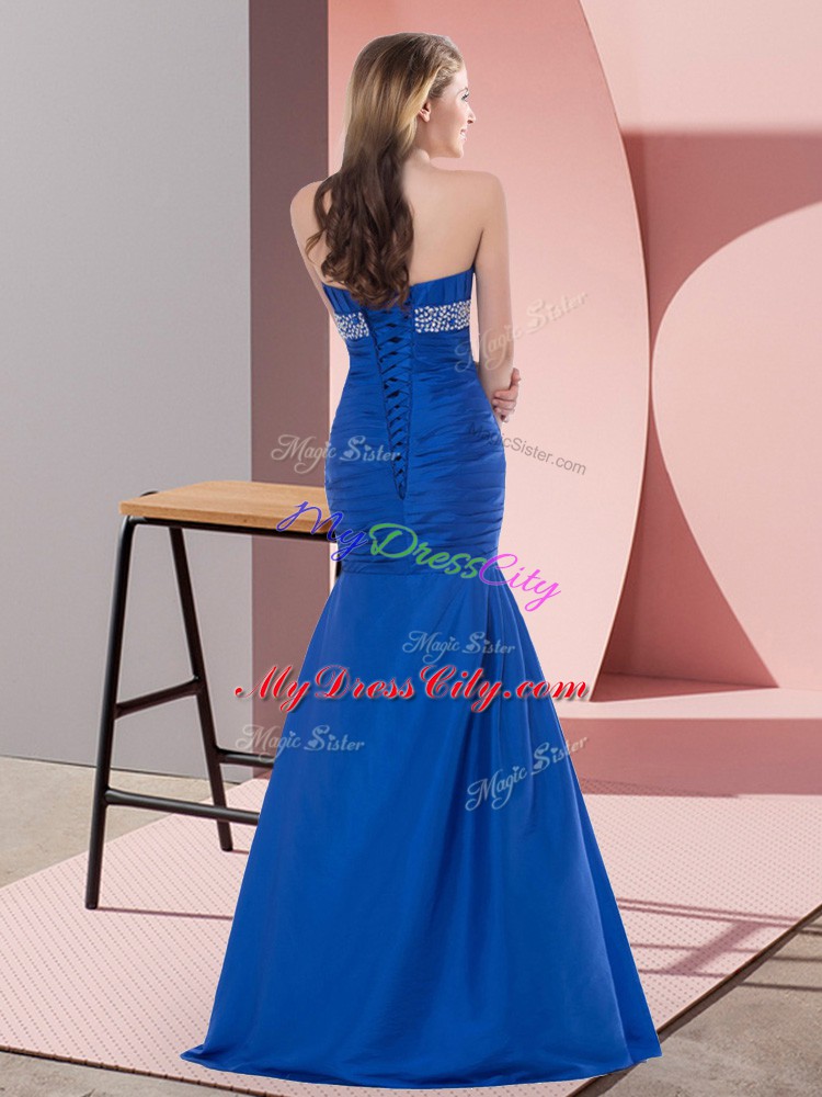 Hot Sale Blue Mermaid Sweetheart Sleeveless Satin Floor Length Lace Up Beading and Ruching Prom Gown