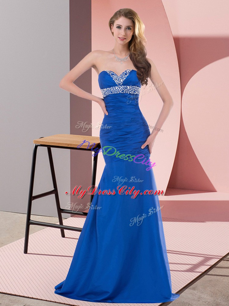 Hot Sale Blue Mermaid Sweetheart Sleeveless Satin Floor Length Lace Up Beading and Ruching Prom Gown