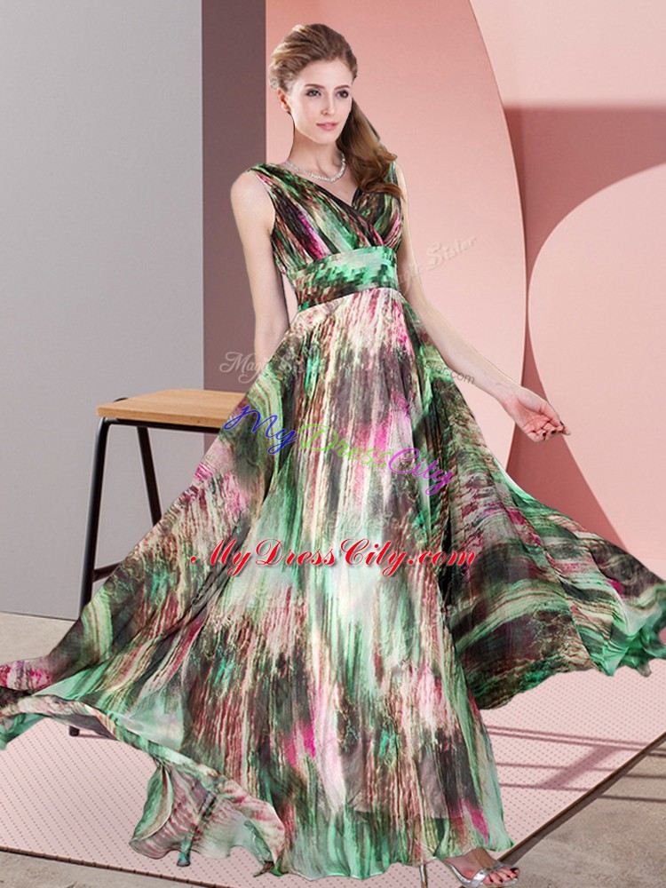 V-neck Sleeveless Prom Gown Floor Length Pattern Multi-color Printed