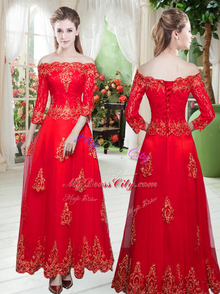 Lovely Red Off The Shoulder Neckline Lace and Appliques Prom Gown 3 4 Length Sleeve