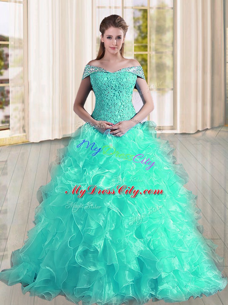 Customized Off The Shoulder Sleeveless Sweep Train Lace Up 15 Quinceanera Dress Turquoise Organza