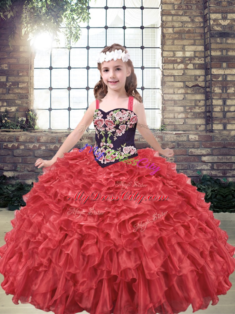 Simple Embroidery and Ruffles High School Pageant Dress Red Lace Up Sleeveless Floor Length