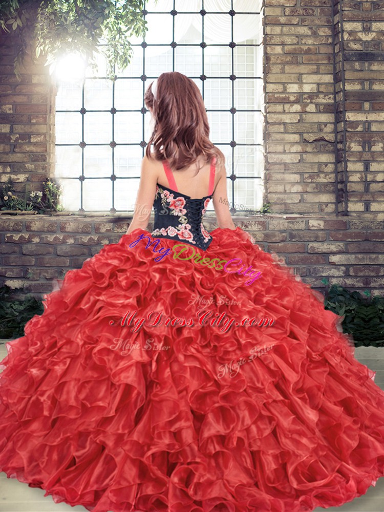 Simple Embroidery and Ruffles High School Pageant Dress Red Lace Up Sleeveless Floor Length