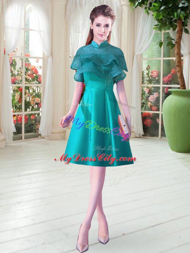 Teal A-line Satin High-neck Cap Sleeves Ruffled Layers Knee Length Lace Up Prom Evening Gown