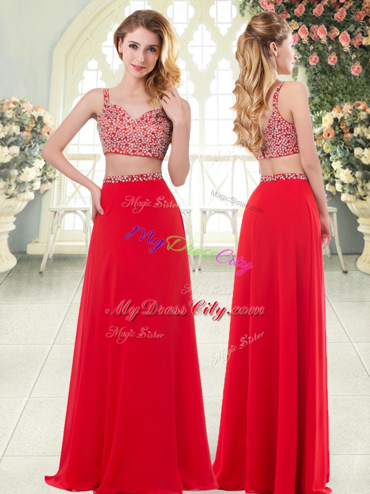 Floor Length Zipper Going Out Dresses Red for Prom and Party with Beading