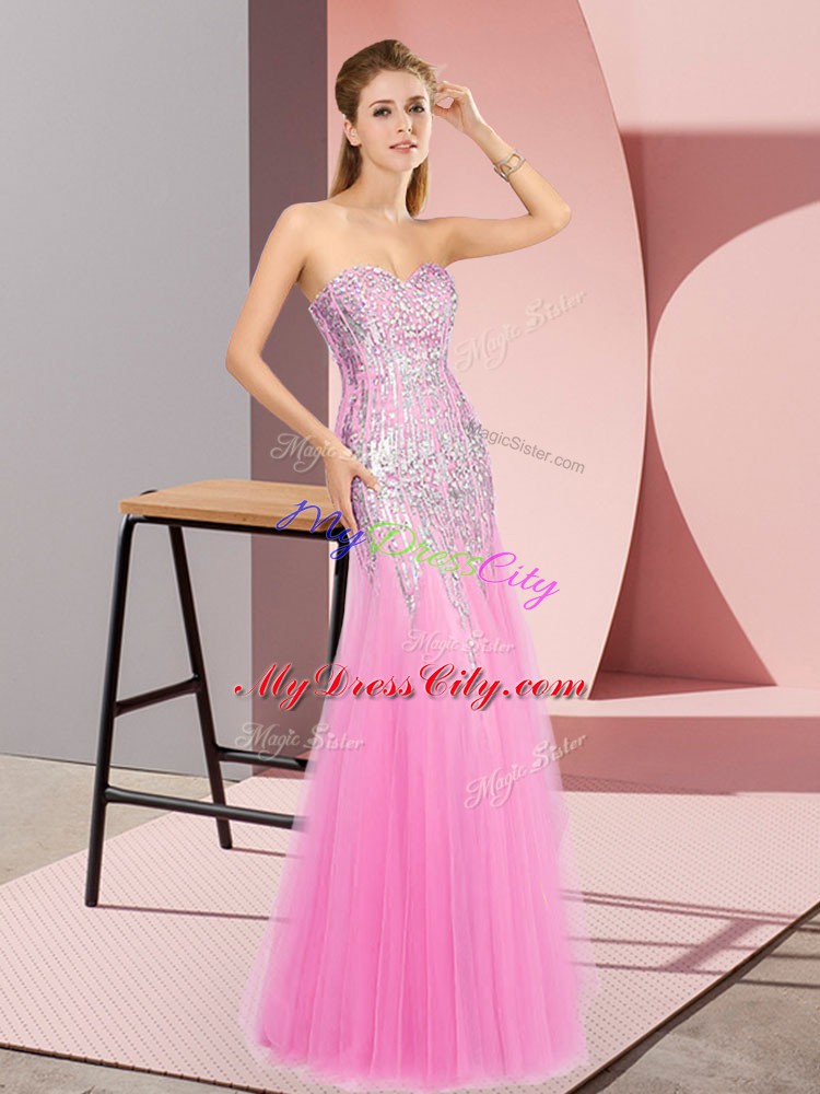 Rose Pink Tulle Zipper Dress for Prom Sleeveless Floor Length Beading