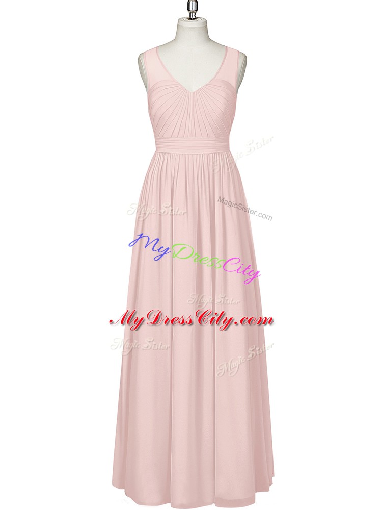 Chiffon V-neck Sleeveless Zipper Ruching Prom Dress in Pink