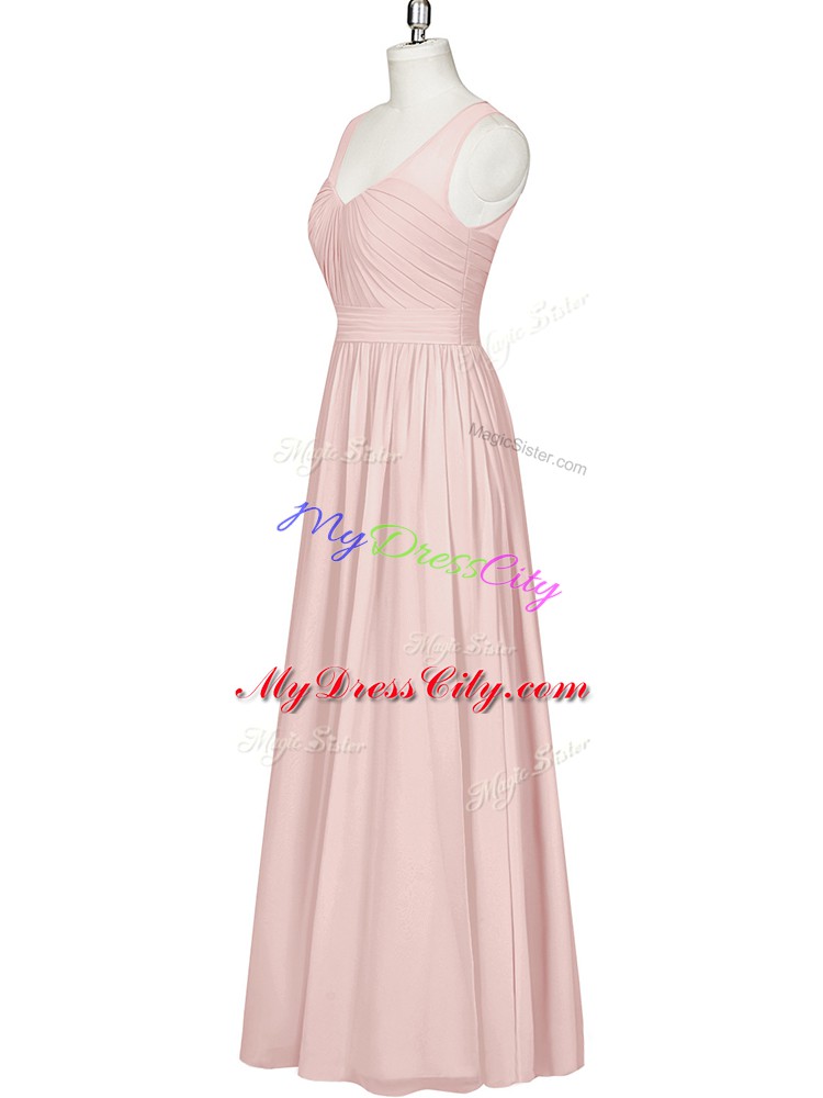 Chiffon V-neck Sleeveless Zipper Ruching Prom Dress in Pink