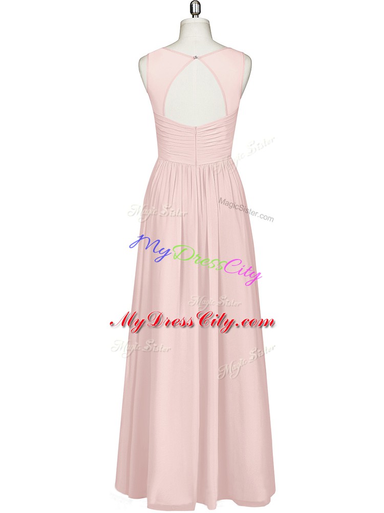 Chiffon V-neck Sleeveless Zipper Ruching Prom Dress in Pink