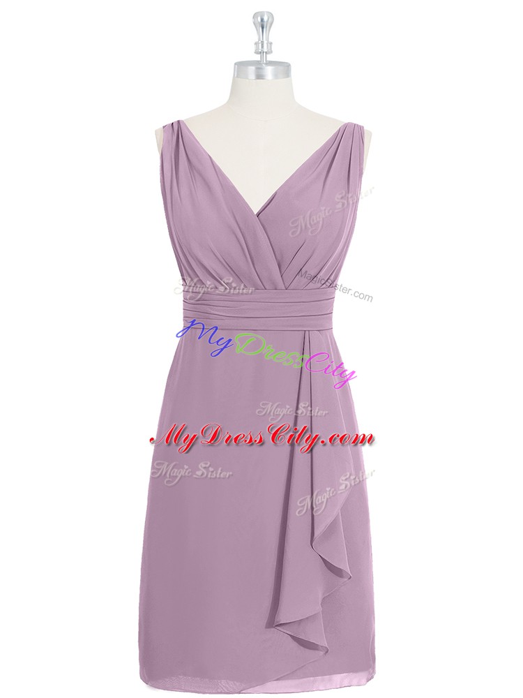 Purple Column/Sheath V-neck Sleeveless Chiffon Knee Length Zipper Ruching Prom Evening Gown