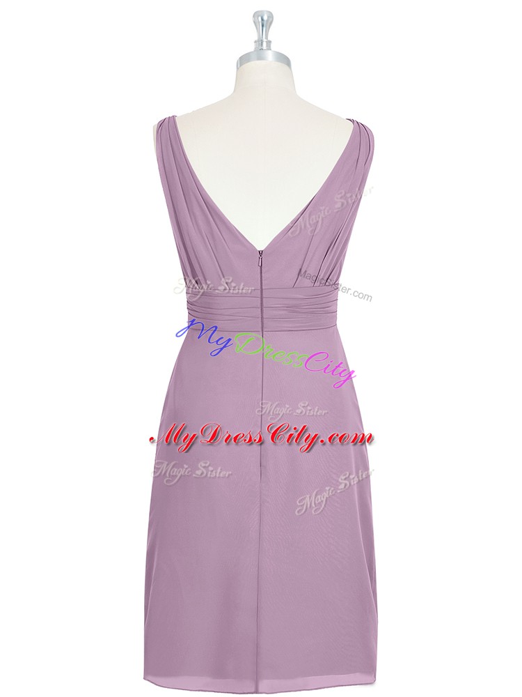 Purple Column/Sheath V-neck Sleeveless Chiffon Knee Length Zipper Ruching Prom Evening Gown