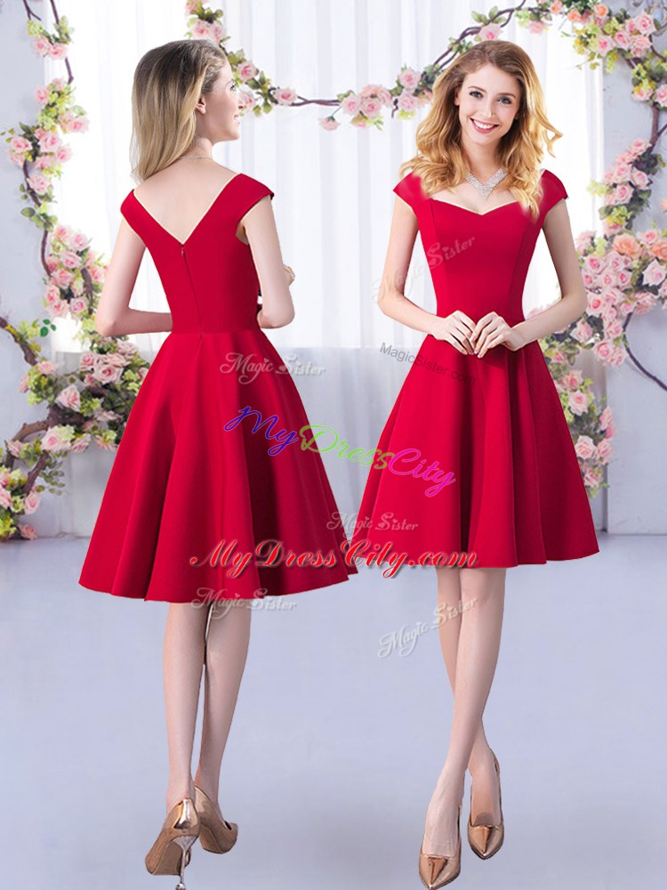 Red Straps Zipper Ruching Bridesmaids Dress Cap Sleeves