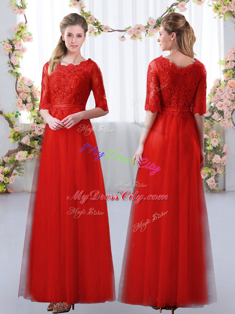 Latest Red Court Dresses for Sweet 16 Prom and Party and Wedding Party with Lace Scalloped Half Sleeves Zipper