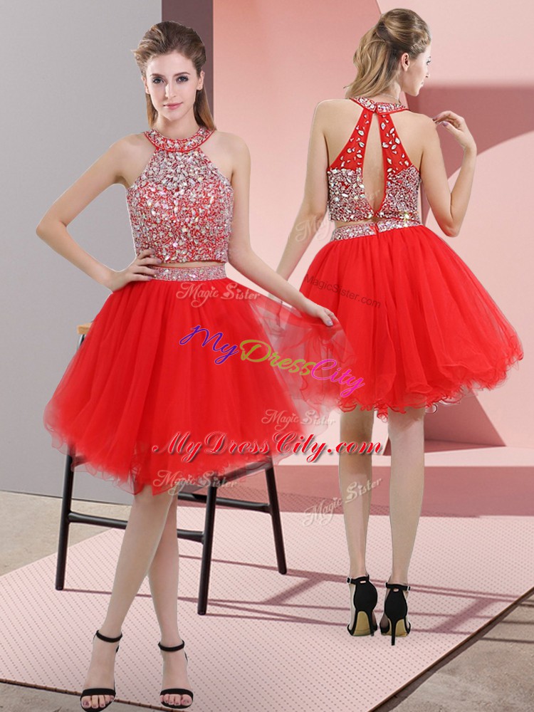 Dynamic Two Pieces Prom Evening Gown Red Halter Top Organza Sleeveless Knee Length Backless