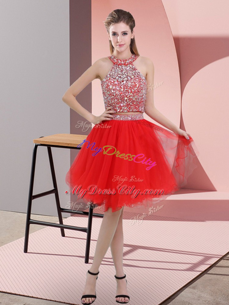 Dynamic Two Pieces Prom Evening Gown Red Halter Top Organza Sleeveless Knee Length Backless