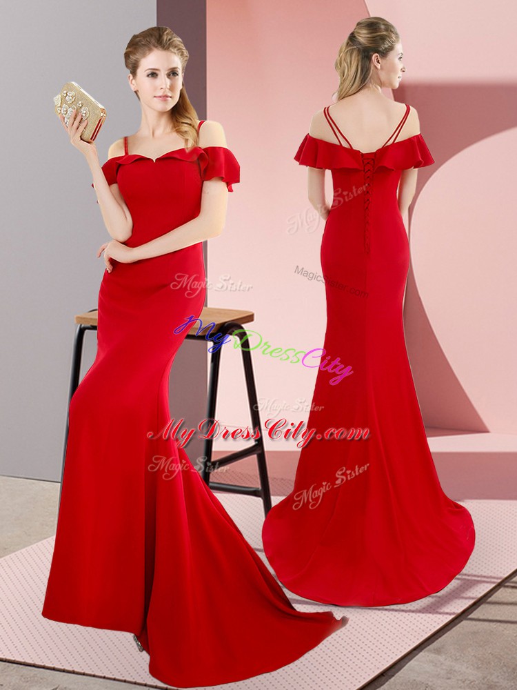 Satin Straps Sleeveless Sweep Train Lace Up Beading Evening Dress in Red