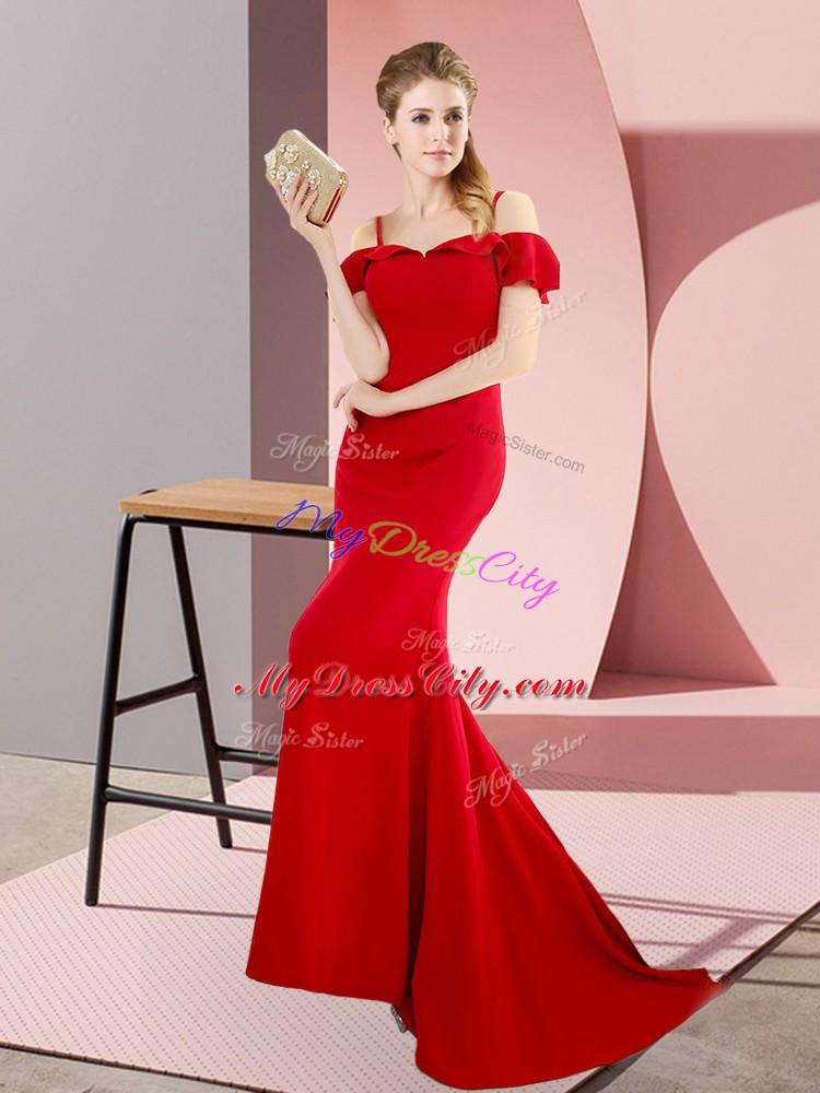Satin Straps Sleeveless Sweep Train Lace Up Beading Evening Dress in Red