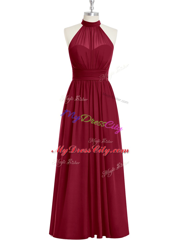 Cheap Burgundy Chiffon Side Zipper High-neck Sleeveless Floor Length Ruching