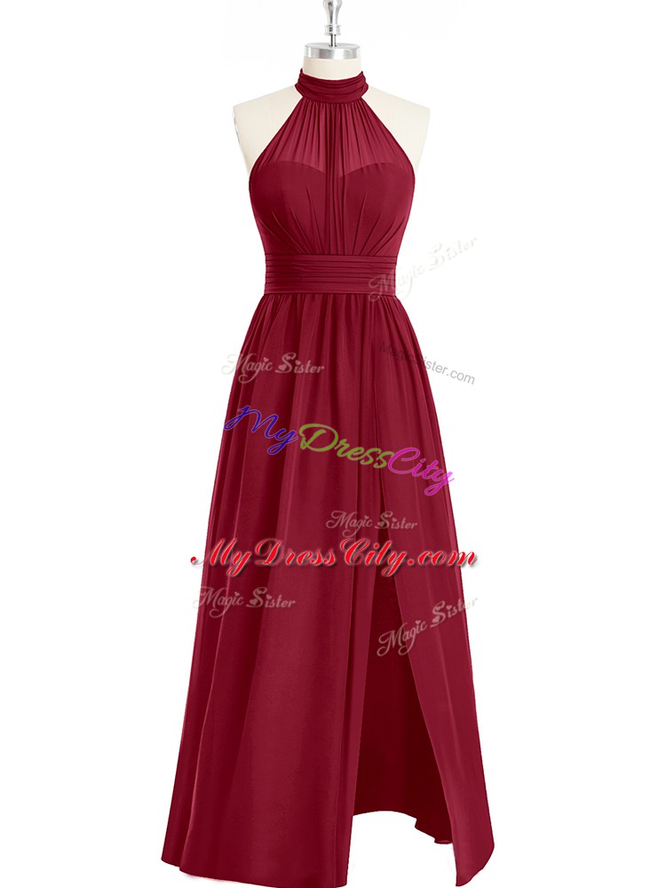 Cheap Burgundy Chiffon Side Zipper High-neck Sleeveless Floor Length Ruching